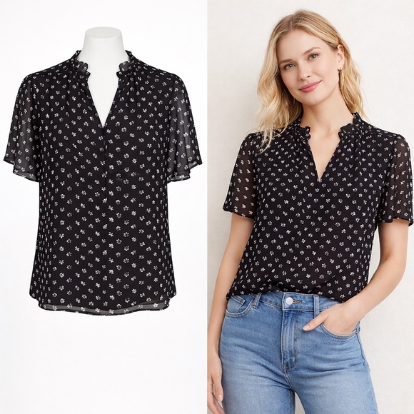 Ann Taylor Tops - Ann Taylor | Black Floral Sheer Blouse | Short Sleeve | Size Small